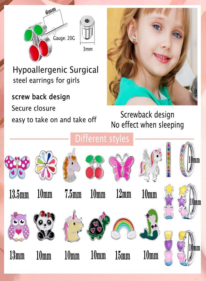 SYNLIN 15 Pairs Stud Earrings Set :12 Pairs Unique Cartoon Flat Back Earrings Girls & 3 Pairs Mini Hoops with Stainless Steel Posts and Screwback Earring for Kids(B) - Image 2